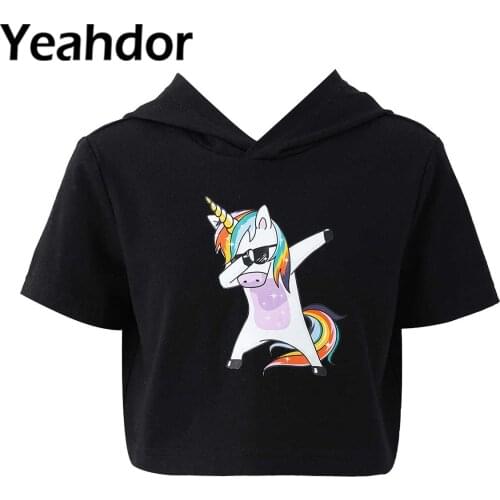Kids Girls Boys Unisex Summer Crop Top Hooded Hoodie Short Sleeves Cute Cartoon Horse Print Sweatshirt Tops Casual Streetwear