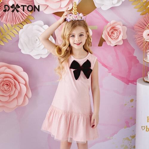 DXTON Summer Girls Cotton Dress Bow Patchwork Kids Dress For Girls Sleeveless Princess Tutu Dresses Girls Casual School Costume
