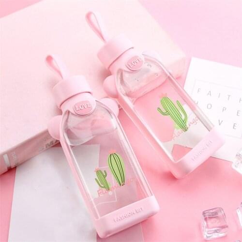 Creative Cartoon Cute Glass Water Bottle Pink Cherry Blossom Glass Water Cup With Silicone Cover Portable Travel Camp Drinkware