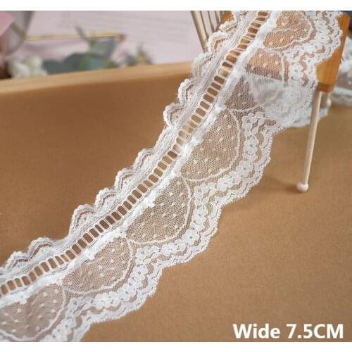7.5CM Wide Luxury White Tulle Stitched Lace Fabric Embroidered Ribbon Cuffs Collar Neckline Trim Curtains DIY Sewing Material