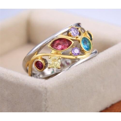 NurmWung Ethnic Style Creative Inlaid Multicolor Zircon Ring Fashion Personality Gift Woman All-Match Charm Jewelry Wholesale