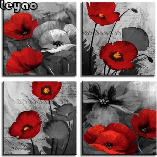 Full Square/Round Drill 5D DIY Diamond Painting "Grey Poppy Plant Abstract Art 4 Panel" Embroidery Cross Stitch 3D Home Decor