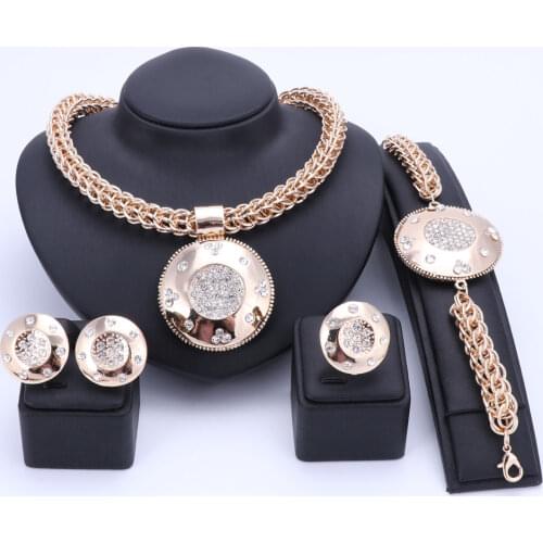 Luxury Big Dubai Gold Color Crystal Jewelry Sets Fashion Nigerian Wedding African Beads Costume Necklace Bangle Earring Ring