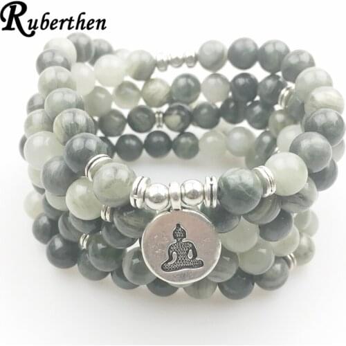 Ruberthen Green Hair Stone Bracelet 108 Mala Yoga Necklace Natural Stone Jewelry Buddhist Meditation Spiritual Gift Bracelet