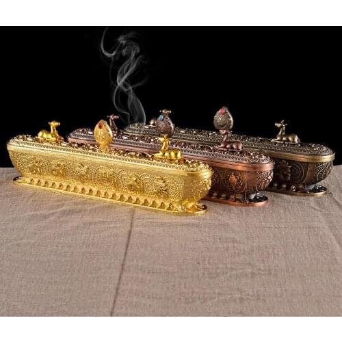Sanskrit Incense Stick Burner Alloy Buddhist Tibetan Indoor Gold Meditation Engraving Temples Smoke Supply Furnace Ornaments