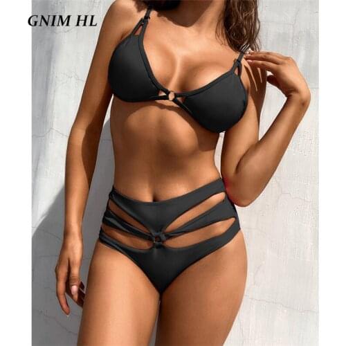 GNIM Sexy Hollow Out Bikini Set 2021 High Waist Solid Swimwear Women 2 Pieces Summer Halter Bandage Swimsuit Female Bather Suit