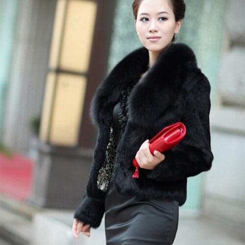 New Fashion Faux Fur Coat Rabbit Hair Jacket Black White Fur Overcoat Imitation Rabbit Fur Faux Fox Collar FF048