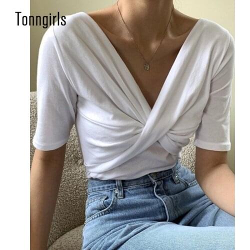 Tonngirls Vintage T Shirt V Neck Casual T-shirt Short Sleeve White Tee Tops Summer Tee Shirt Femme Korean Style Streetwear Top