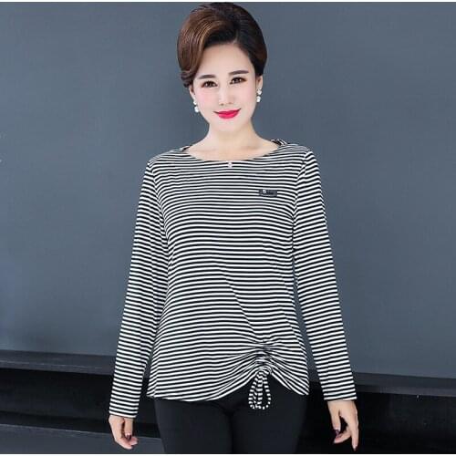 Stripe Long Sleeve Tops Women T-Shirts 2021 New Spring Fall Pullovers Tee Stretch Casual Plus Size Middle Age Mother Clothing