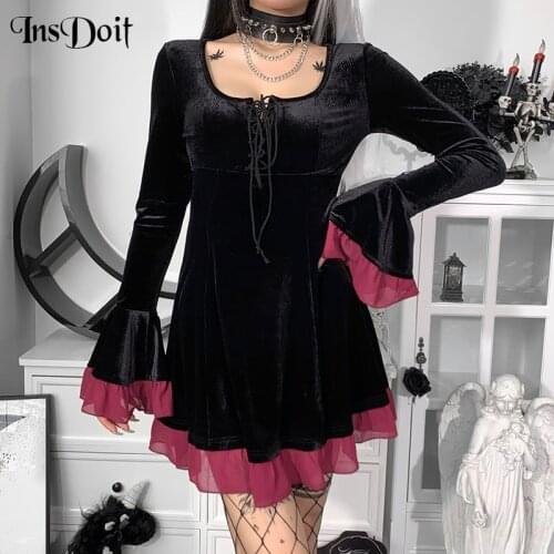 InsDoit Gothic Lolita Lace Up Patchwork Black Dress Women Punk Grunge Vintage A-LINE Dress Harajuku Flare Sleeve Sexy Partywear