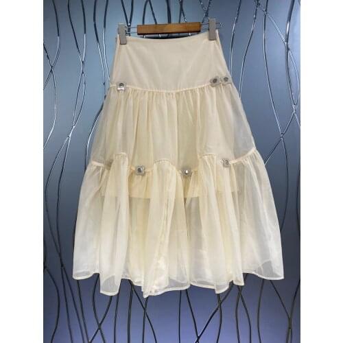 High Quality Womens Skirt 2021 Autumn Ladies Appliques Floral Deco Sexy Tulle Mesh Patchwork Mid-Calf Apricot Grey Gown Skirt