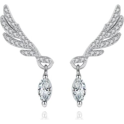 Angel Wings Stud Earrings For Women Girls Clear Cubic Zirconia Crystal 925 Sterling Silver Tassel Korean Jewelry