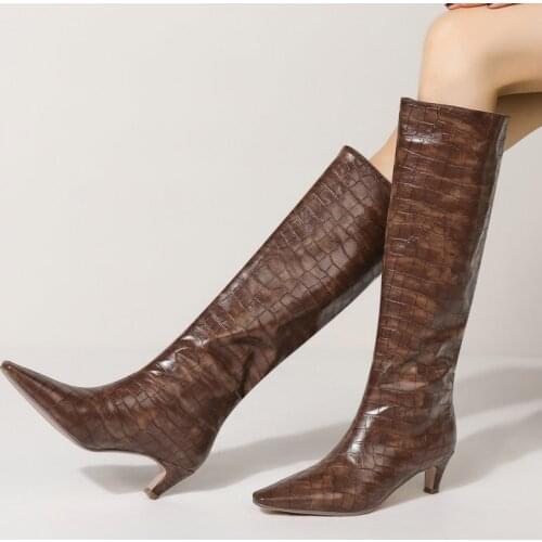 Black White Brown Stone Print Women Knee High Boots Fashion Slip On Square Toe Long Boots Comfort Low Heel Autumn Winter Shoes