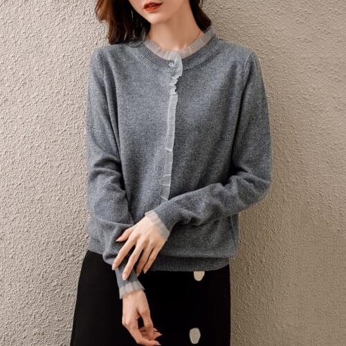 New style 100% wool sweater round neck cardigan long-sleeved jacket cashmere sweater womens solid color knitted Autumn Home