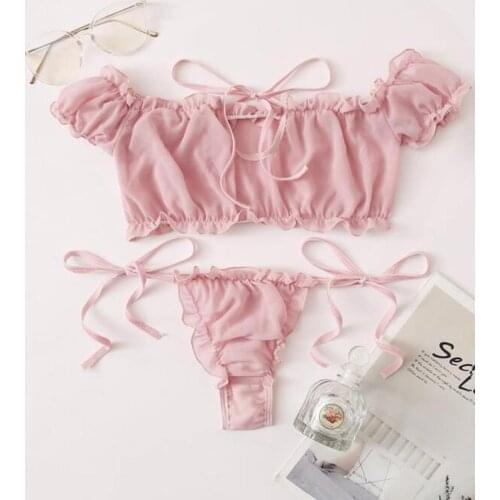 2021 Sexy Bow Lace Up Lingerie Set Ruffles Ruched Mesh Sheer Tops and Bandage Panties Sweet Lingeries for Honeymoon Exotic Set