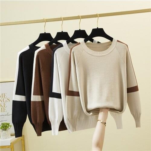 Women Sweater 2021 Autumn Winter Long Sleeves Tops Korean Patchwork O-Neck Pullover Knitted Jumper Elegant Soft Warm Pull Femme
