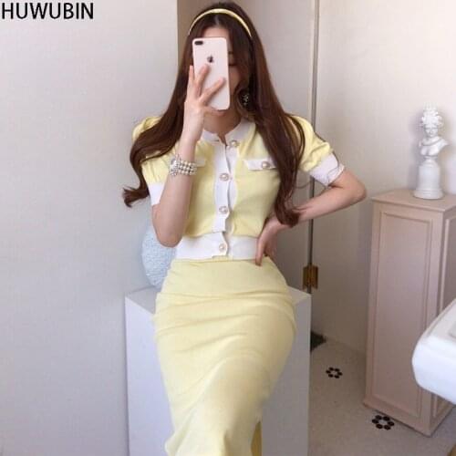 Summer New Style Celebrity Temperament Fashion Knitwear Color Matching Waist Single Breasted Top + High Waist Slim Skirt