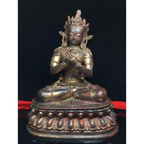 20"Tibet temple Old Bronze Cinnabar Seven Eyes Tara Guanyin Bodhisattva Statue Sitting on the lotus platform Enshrine the Buddha