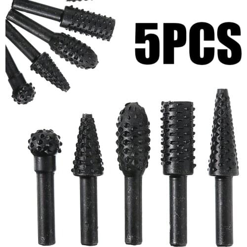 5pcs Black 1/4'' Steel Rotary Burr Set Mini Wood Rasp Drill Bits Wood Shaping Files Carving Burrs For Electric Cordless Drills
