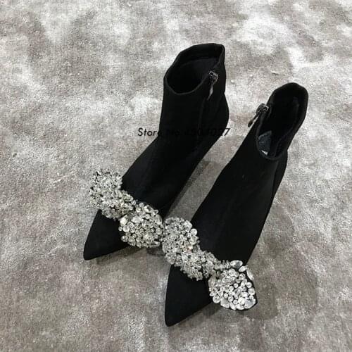 Fashion Stiletto Black High Heel Rhinestone Bow Ankle Boots Female Crystal Thin Heels Short Boots Women Shoes