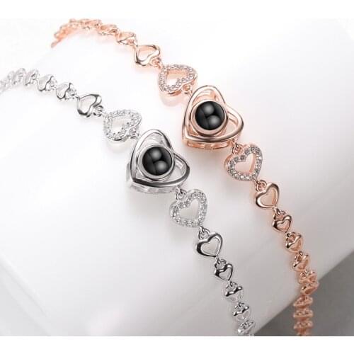 Amxiu 925 Sterling Silver Bracelet 100 languages I love you projection Bracelet Heart Bracelets for Women Personalized Jewelry