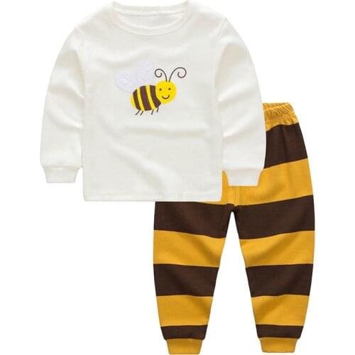 27kids Kids Cotton Pajamas Sets Toddler Babys Home Clothes Little Bee Stripe Pattern Long Sleeve Casual Sleepwear 2-7Years