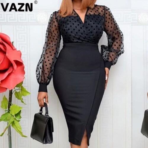 VAZN 2020 Classic Black High-end Young Lady Of Note Sexy Fashion V-Neck Full Sleeve High Waist Women Slim Thin Midi Dress