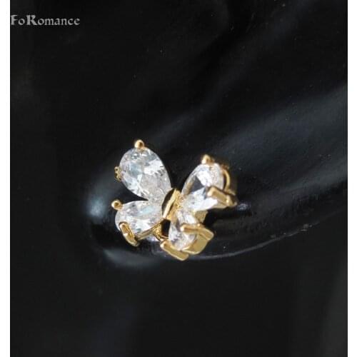 FoRomance/ TWO STYLES BUTTERFLY AND LEAF SHAPE CLEAR ZIRCON STONES STUD BUTTERFLY STOPPER EARRING GOLD COLOR OVERLAY