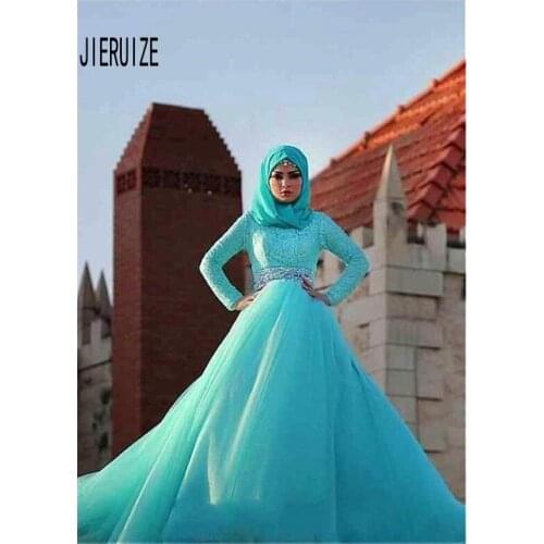 JIERUIZE Blue Muslim Wedding Dresses Lace Long Sleeves High Neck Crystal Sash Saudi Arabic Bridal Gown vestito da sposa