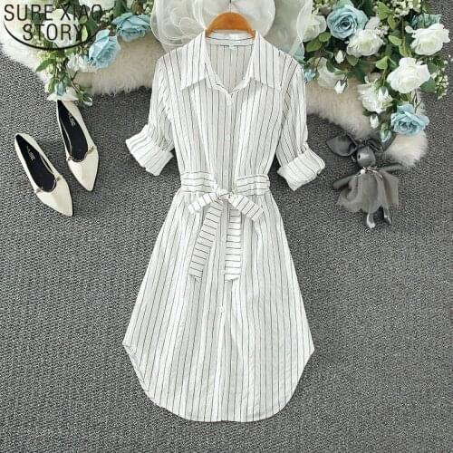 Fashion Striped Shirt Dress Women Single Breasted Dresses Women Long Shirt Dress Autumn New Korean Polo Collar Vestidos 16697