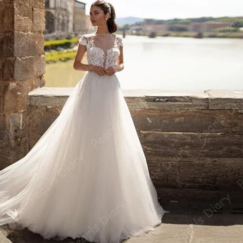 Fashion O-neck Bridal Gowns 2021 Applique Beading Sweep Train Short Sleeve Tulle Wedding Dresses For Bride Vestido De Noiva