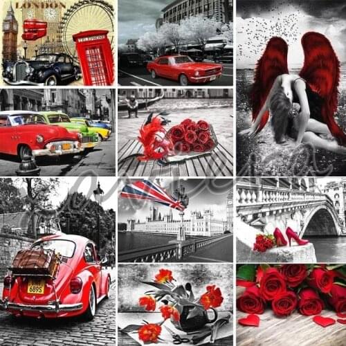 5D DIY Black White Diamond Painting British Street Landscape Full Square Drill Embroidery Red Rose Rhinestone Cross Stitch Kit