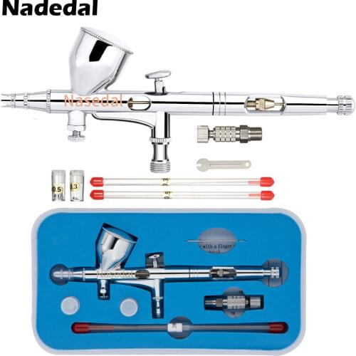 Nasedal NT-180T Dual-Action Airbrush 0.2/0.3/0.5mm Nozzle Needle 9cc Gravity Feed Spray Gun Set for Model Cake Nail Art Car