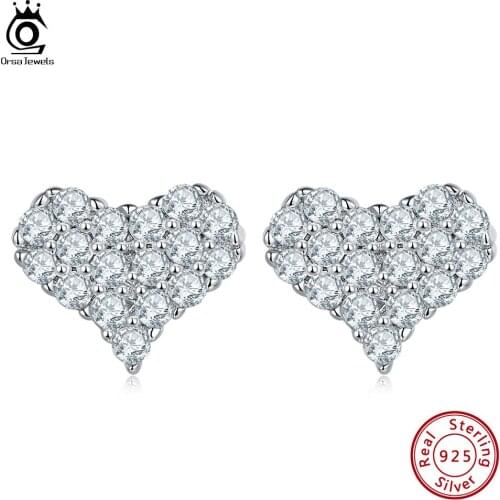 ORSA JEWELS Luxury Heart Earring DE Color VVS Moissanite Setting Stud Earings 925 Sterling Silver Fashion Women Jewelry SME18