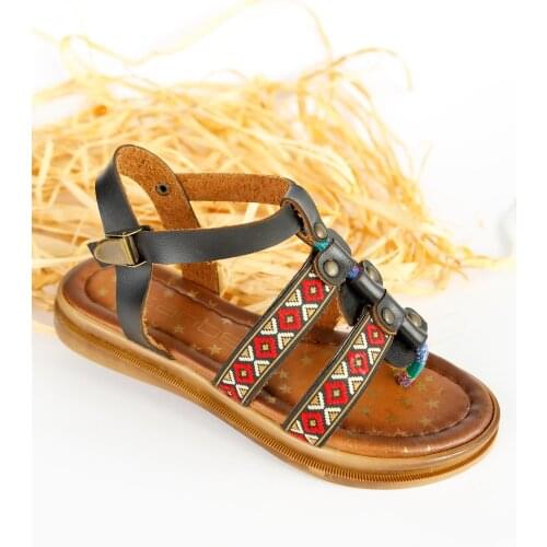 Genuine Leather Ethnic Patterned Girls Sandals