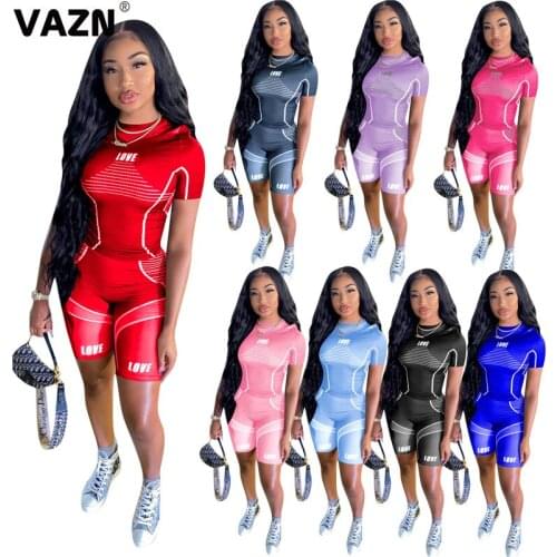 VAZN 2021 Special Fitness Sport Sexy Elegant O-neck Two Piece Set Short Sleeve Top And Short Pant 2 Piece Set Women Autumn Suit