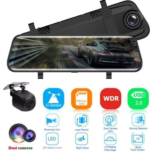 OLOPKY 12 Inch Dash Cam 4K Car DVR Stream Media Ultra HD Touch Screen Dash Camera Dual Lens Video Recorder Rearview Mirror
