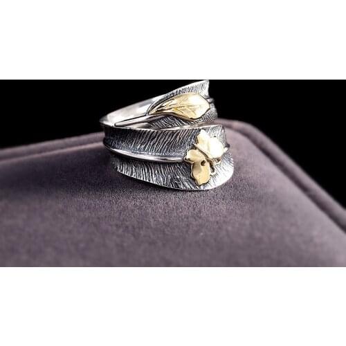 Vintage Female Gold Leaf Ring 100% Real Thai Sterling Silver Engagement Rings For Women Vintage Unique Wedding Ring