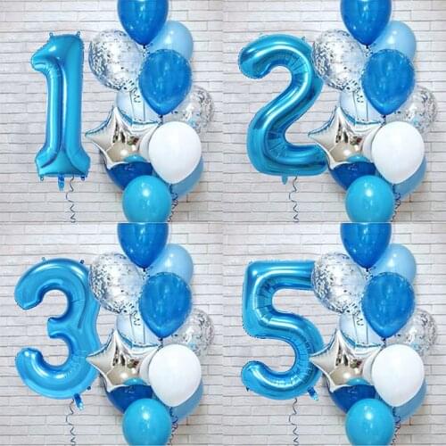 12pcs/set 12pcs Blue Number Foil Balloons Kids 1 2 3 4 5 6 7 8 9 Years Old Birthday Party Decoration Boy Girl Baby Shower Favor