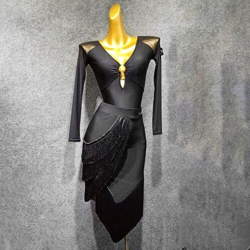 Long Sleeve V Neck Tassel Women Latin Dance Bodysuit and Skirt Set Latin Dancing Cloth Tango Chacha Dancing Performamnce W247