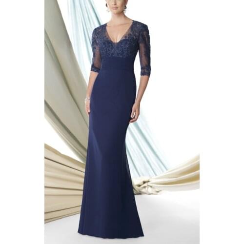 Blue Mother Of The Bride Dresses Mermaid V-neck Half Sleeves Chiffon Appliques Beaded Long Groom Mother Dresses Wedding