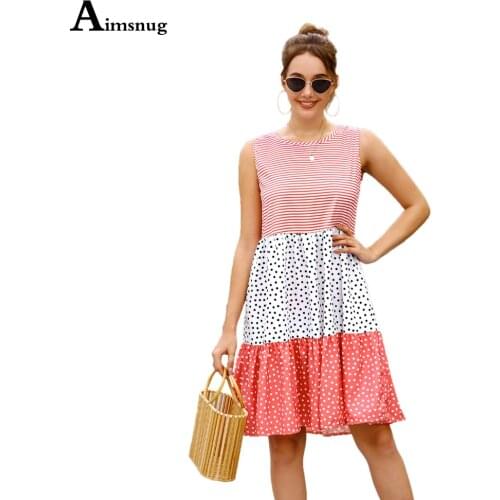 Aimsnug Women Elegant Knee-Length Dress Summer Patchwork Beach Dress 2021 Plus size Ladies Sleeveless Bohemian Dresses Femme 5xl