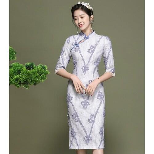 Lace Cheongsam Dress Women 2021 Spring Summer Chinese Style Vintage Elegant Stand Collar Half Sleeves Slim Split Classy Clothes