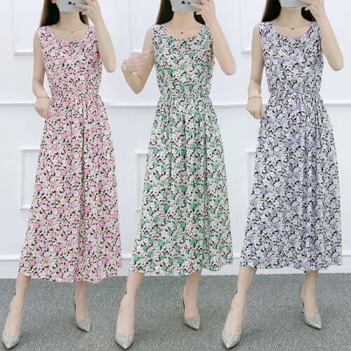 2021 Women Summer Fashion Casual Floral Print Sleeveless Dress A-Line O-Neck Elegant Party Mid-calf Dresses Female vestidos robe