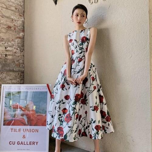 2021 Summer New Womens Vintage Rose Print Vest Dress Fashion slim sleeveless Party Prom Dress Female Clothes