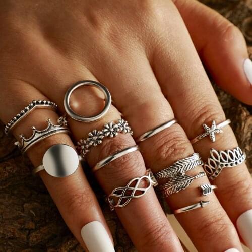 13 Pcs/Set Vintage Geometric Feather Crown Rings Set Bohemian Charm Flowers Starfish Rings for Women Jewelry Accessories