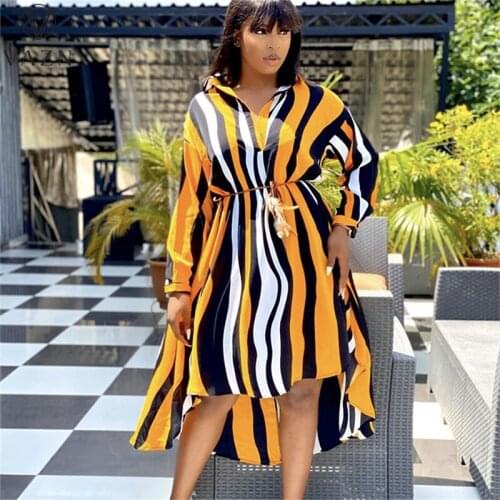 VAZN 2021 Autumn Asymmetrical Chiffon Striped Maxi Long Loose Dress Sexy Full Sleeve Free Lace Up Top Women For Evening Robe