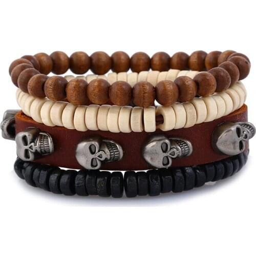 4pcs/set Punk Brown Leather Skull Rivet Charm Chunky Deep Blue Beige Wood Beads Multilayers Bracelets Bangles Man Jewelry