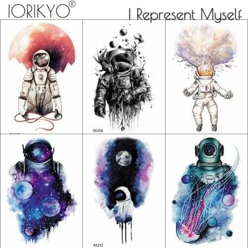 Watercolor Spaceman Tattoo Stickers Women Body Art Galaxy Astronaut Temporary Sexy Tattoo Men Arm Planet Flash Waterproof Tatoo