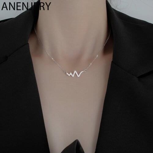 ANENJERY Love Heartbeat Curves Necklace for Women Gift Silver Color Zircon Necklace Choker ornaments S-N06